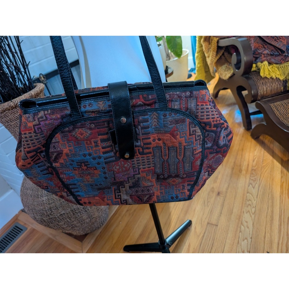 Vintage 90s Tapestry Frame Satchel Bag Black Leather Trim Southwestern...